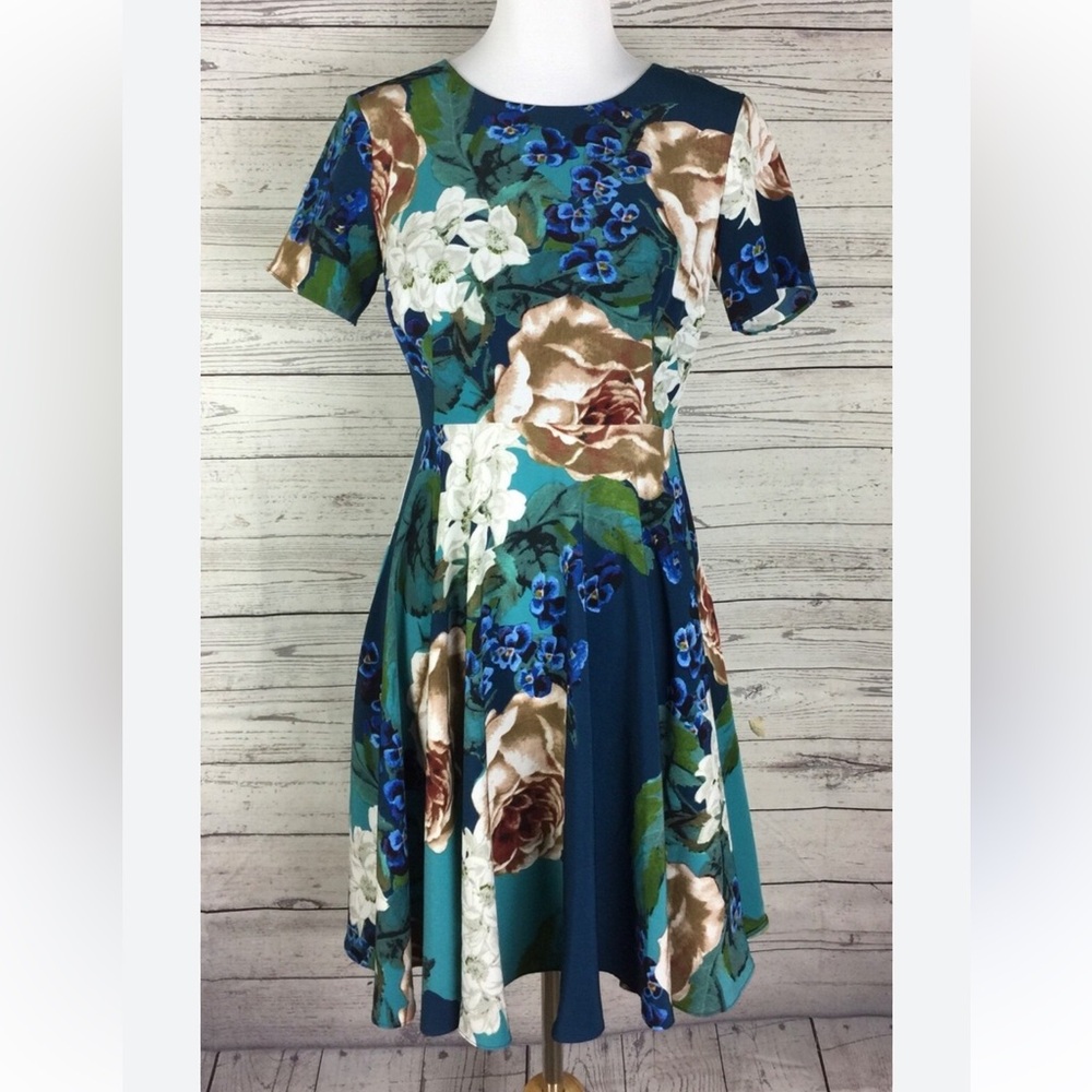Corey Lynn Calter Teal and Brown Floral Midi Dress